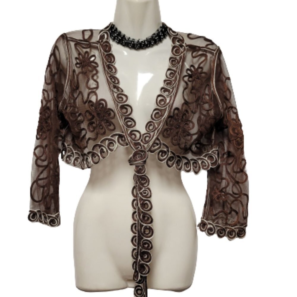 Brown Crop Jacket Bolero Top Sheer Mesh Lace Bolero Shrug Cover Up Size M